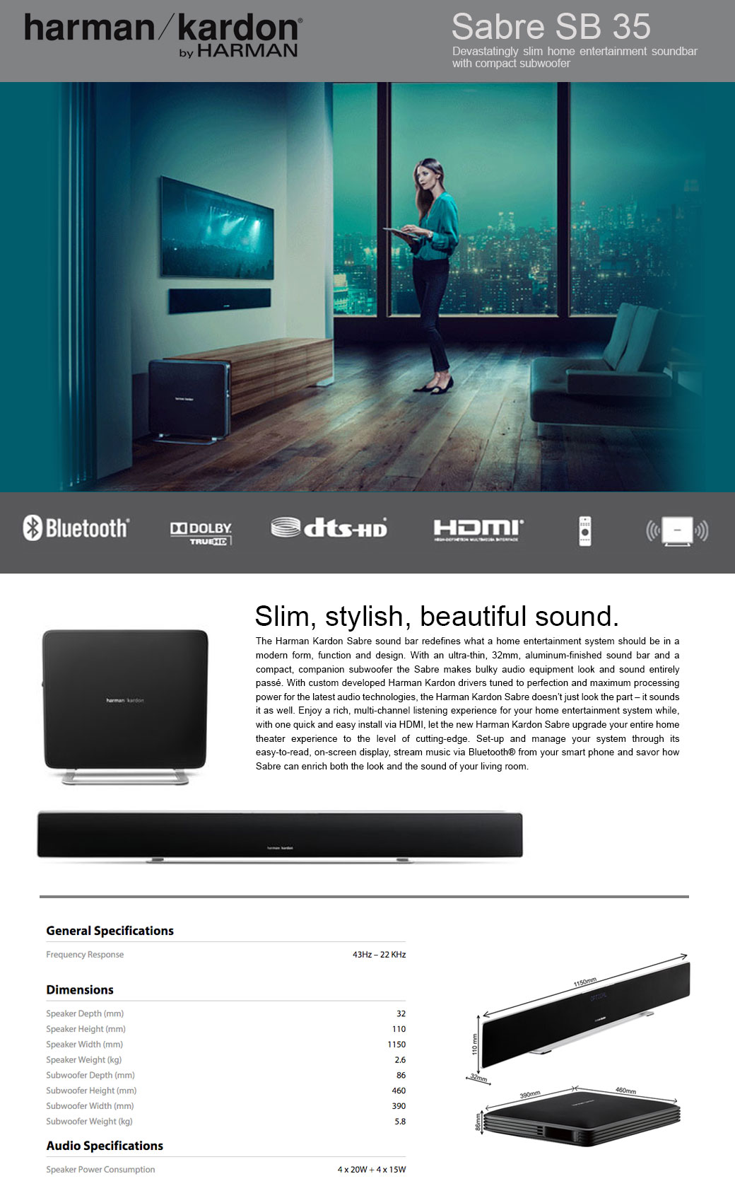 Harman Sabre SB Devastatingly Slim Entertainment Soundbar With Compact Subwoofer